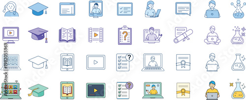 Education and eLearning Icon Pack with School, Online Course, Study and Science Symbols Flat Vector Set
