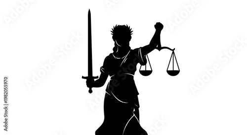 Silhouette of Lady Justice holding a sword and scales, symbolizing fairness, law, and impartiality, against a plain white background.