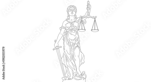Detailed line art drawing of Lady Justice, blindfolded, holding a sword and scales, symbolizing justice and law.