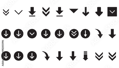 Collection of downward arrows and download icons with download direction interface computer communication navigation collection minimalist