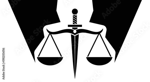 A striking black and white graphic depicting a sword piercing through a classic balance scale, symbolizing justice and law, framed by abstract, dark shapes.