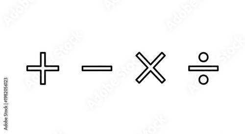 Outline icons of basic mathematical operations: addition, subtraction, multiplication, and division symbols on a white background.