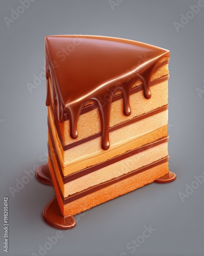 Chocolate Cake Slice Dripping with Creamy Frosting and Layers