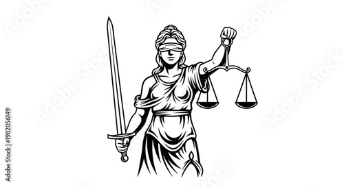 Detailed black and white illustration of Lady Justice, blindfolded, holding a sword and scales, symbolizing fairness and impartiality in law.