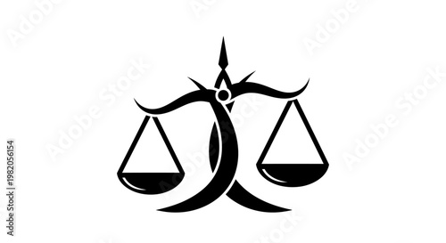 A black and white stylized silhouette of a classic balance scale, symbolizing justice, law, and equilibrium.