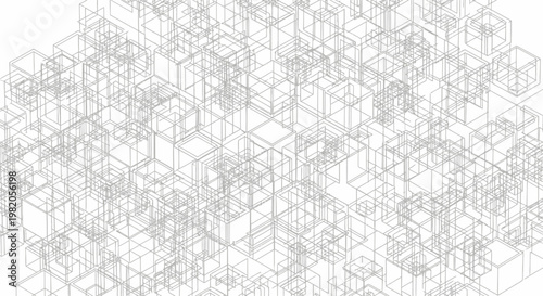 Abstract geometric pattern of interconnected wireframe cubes forming a complex, minimalist structure on a white background, representing digital architecture or data visualization.