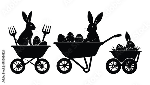 Easter bunnies in wheelbarrows with eggs.