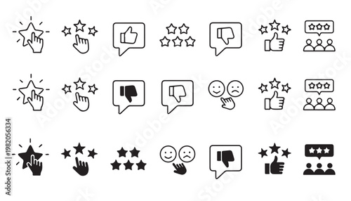 Collection of rating icons stars thumbs up thumbs down smiley faces with customer satisfaction rating scale user experience feedback appreciation