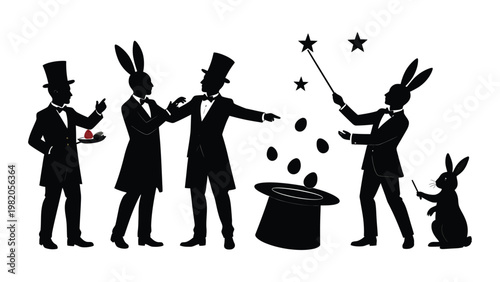Silhouette illustration of magicians with rabbits.