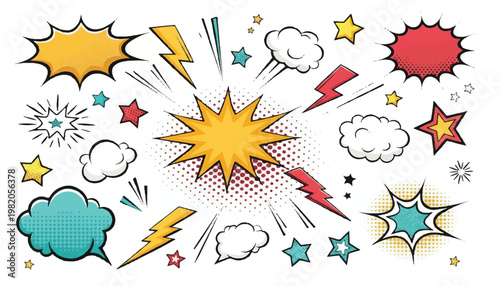 Set of comic book style speech bubbles stars lightning bolts for graphic design pop art explosion lightning illustration abstract creative