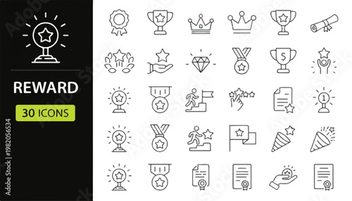 Reward and achievement icons including trophies medals crowns diplomas with achievement celebration recognition certificate leadership champion