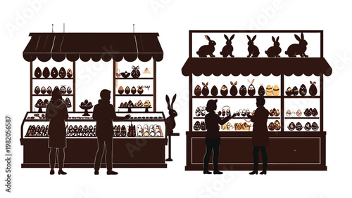 Silhouette of people shopping at market stalls.