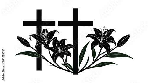 Three crosses with lilies silhouette.