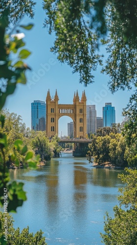 The bridge over the river, set amidst the greenery, reflects the architecture, creating a striking backdrop for the cityscapes.