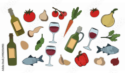Groovy Italian food doodle collection vector olive oil tomatoes wine fish eggs retro sticker set