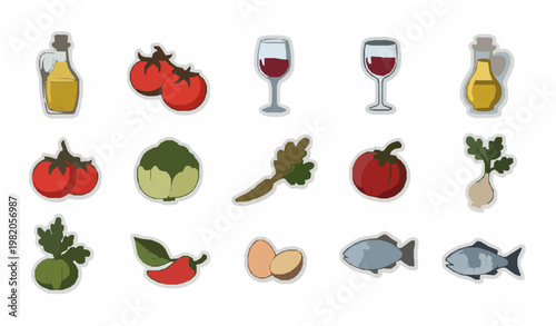 Italian food doodle sticker set retro groovy vector with olive oil tomatoes wine fish and vegetables