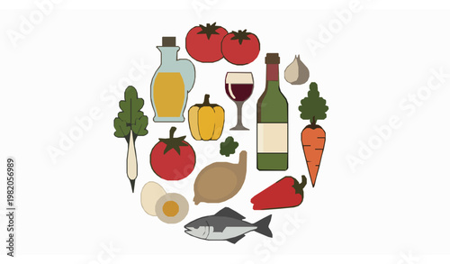 Retro Italian food ingredients circle vector olive oil tomato wine fish vegetables groovy set