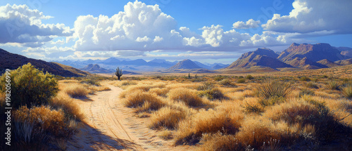 A deserted dirt track winding through cacti and mountains conveys a sense of vastness, providing an inspiring backdrop for travellers.
