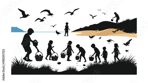 Children on beach collecting eggs at Easter.