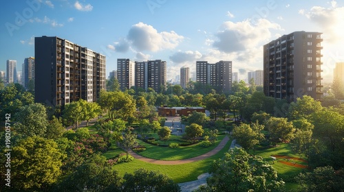 This modern residential complex, with its green courtyards, embodies harmony, providing a striking backdrop to the urban environment.