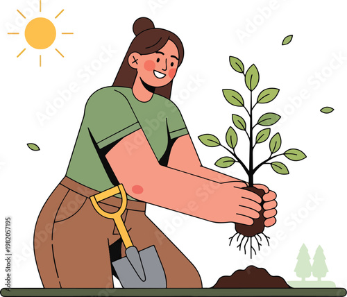 A smiling woman planting a young tree sapling in the ground under a sunny sky, demonstrating gardening and environmental care.