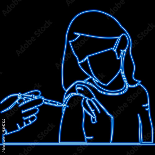Teenage girl wearing medical mask receiving vaccination from healthcare professional icon neon glow vector illustration concept
