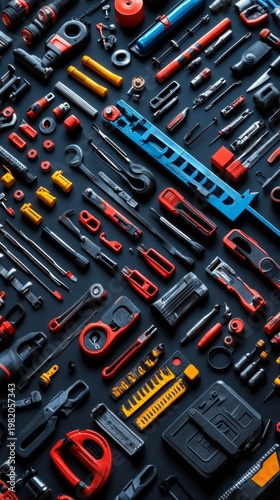 The tools, laid out in different colours, convey a sense of order, creating a motivating backdrop for technical skill.