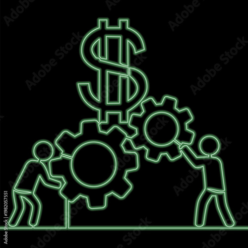 Two human figures assembling gears with dollar symbol in center representing teamwork and financial collaboration icon neon glow vector illustration concept