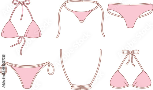 Collection of pink bikini pieces and sets in outline and flat color on white swimwear swimsuit
