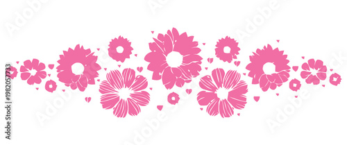 A vibrant arrangement of stylized pink flowers and heart shapes