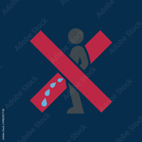A graphic sign depicting a prohibition against urination, featuring a stylized figure with a red cross, aimed at maintaining cleanliness in public spaces.