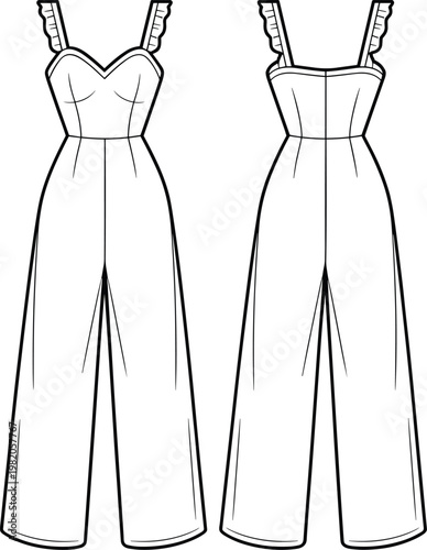 Fashion Flat Sketch of Women's Wide- Leg Jumpsuit Front and Back Views fashion sketch technical drawing