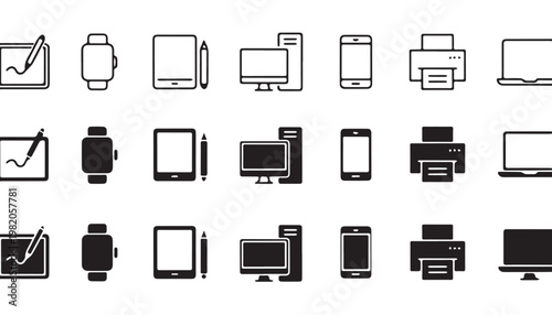 Icons of modern digital devices: stylus smartwatch tablet computer smartphone printer laptop with technology computer smartphone smartwatch