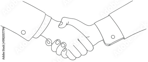 Simple line drawing depicts two hands firmly shaking in agreement