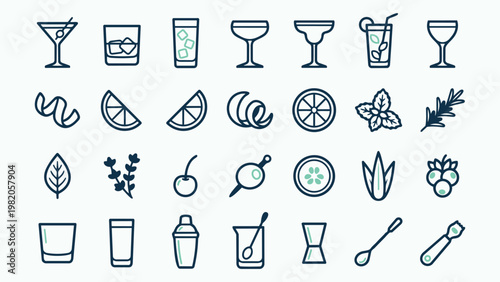 Collection of Minimalist Cocktail and Barware Line Art Icons