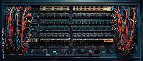 A server rack with a tangle of multicoloured cables illustrates the complexity of the field, creating an inspiring backdrop for information technology.