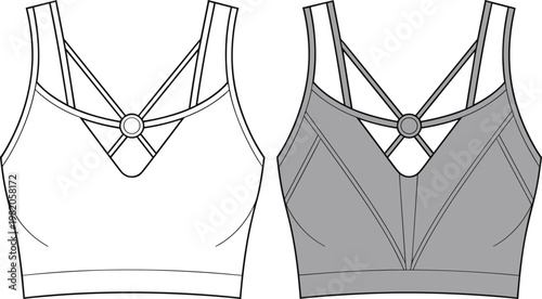 Front and Back Fashion Flat Sketch of a Strappy Sports Bra in White and Gray fashion sketch technical drawing