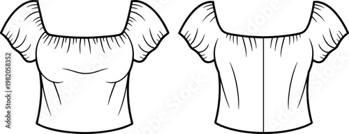 Front and Back Fashion Flat Sketch of an Off-the- Shoulder Puff Sleeve Top fashion sketch technical drawing