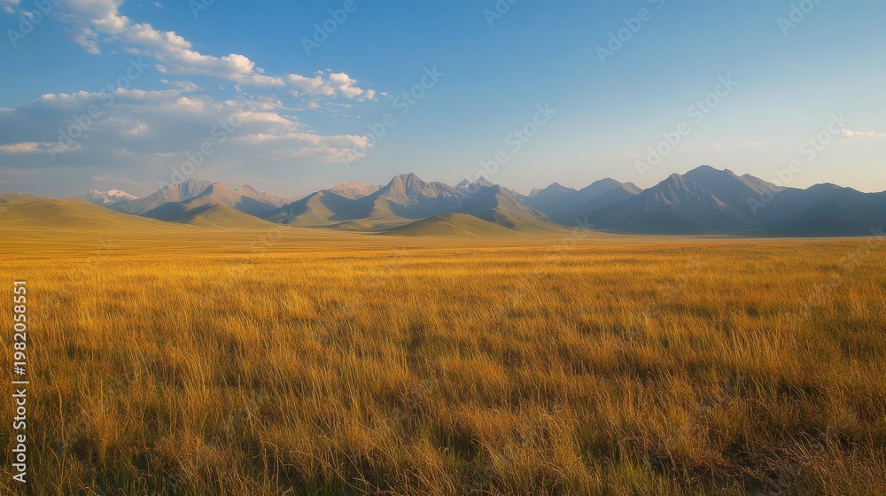 Obraz premium Golden Grassland Landscape with Majestic Mountains in Background