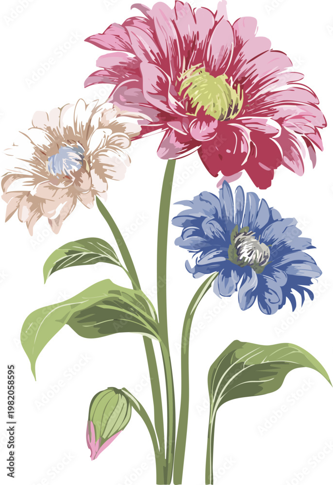 Obraz premium Colorful pink white purple gerbera floral illustration, modern botanical arrangement of gerber flowers in retro water color painting art style, transparent vector isolated graphic, detailed intricate