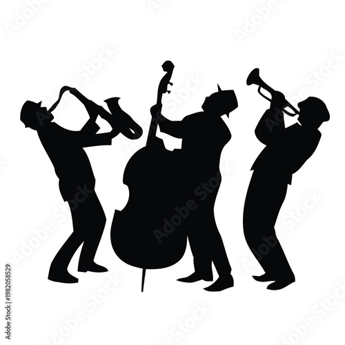 Silhouetted jazz band performing with a double bass saxophone and trumpets