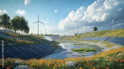 A green meadow dotted with solar panels and wind turbines conveys a sense of sustainability, setting the scene for green energy.