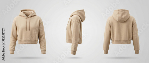 Beige Cropped Hoodie Mockup Front Side and Back Views on White Background.