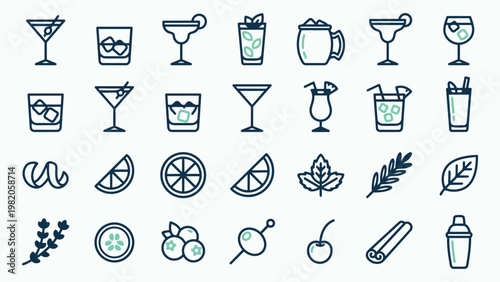Vector Icon Set of Cocktails Glassware and Drink Ingredients