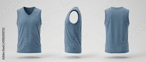 Blue Sleeveless VNeck TShirt Mockup Front Side Back Views.