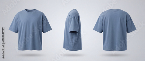 Blue Oversized TShirt Mockup Front Side Back Views.