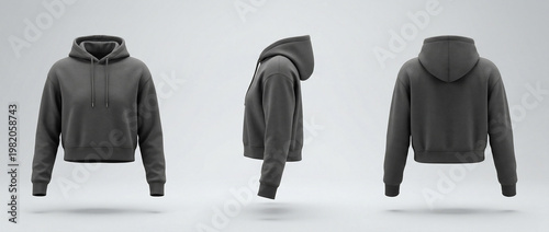 Dark Gray Hoodie Mockup Front Side and Back Views on White Background.