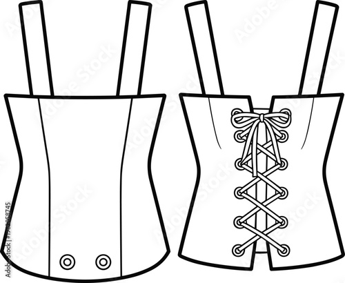 Front and back view of a black and white fashion illustration of a corset top with lace-up detail clothing