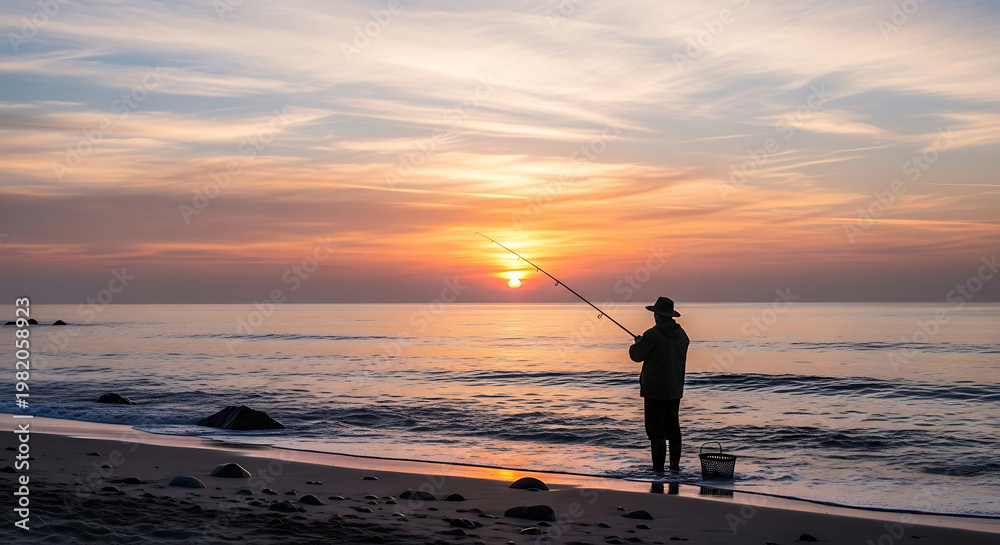 Fototapeta premium A serene silhouette of a fisherman standing on a beach at sunset, casting a line into the calm ocean waters.