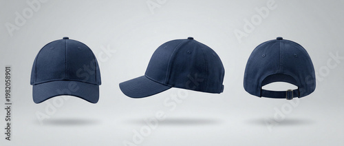 Three Dark Blue Baseball Caps Displayed from Multiple Angles on a White Background.